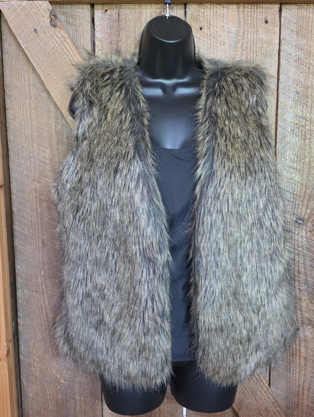 Vintage Womens Large TCEC Shaggy Brown Faux Fur Vest Boho Festival Open Front